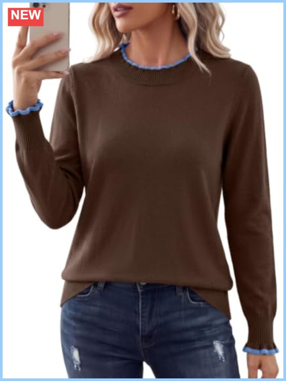 Ruffle Mock Neck Pullover Sweater Long Sleeve Knit